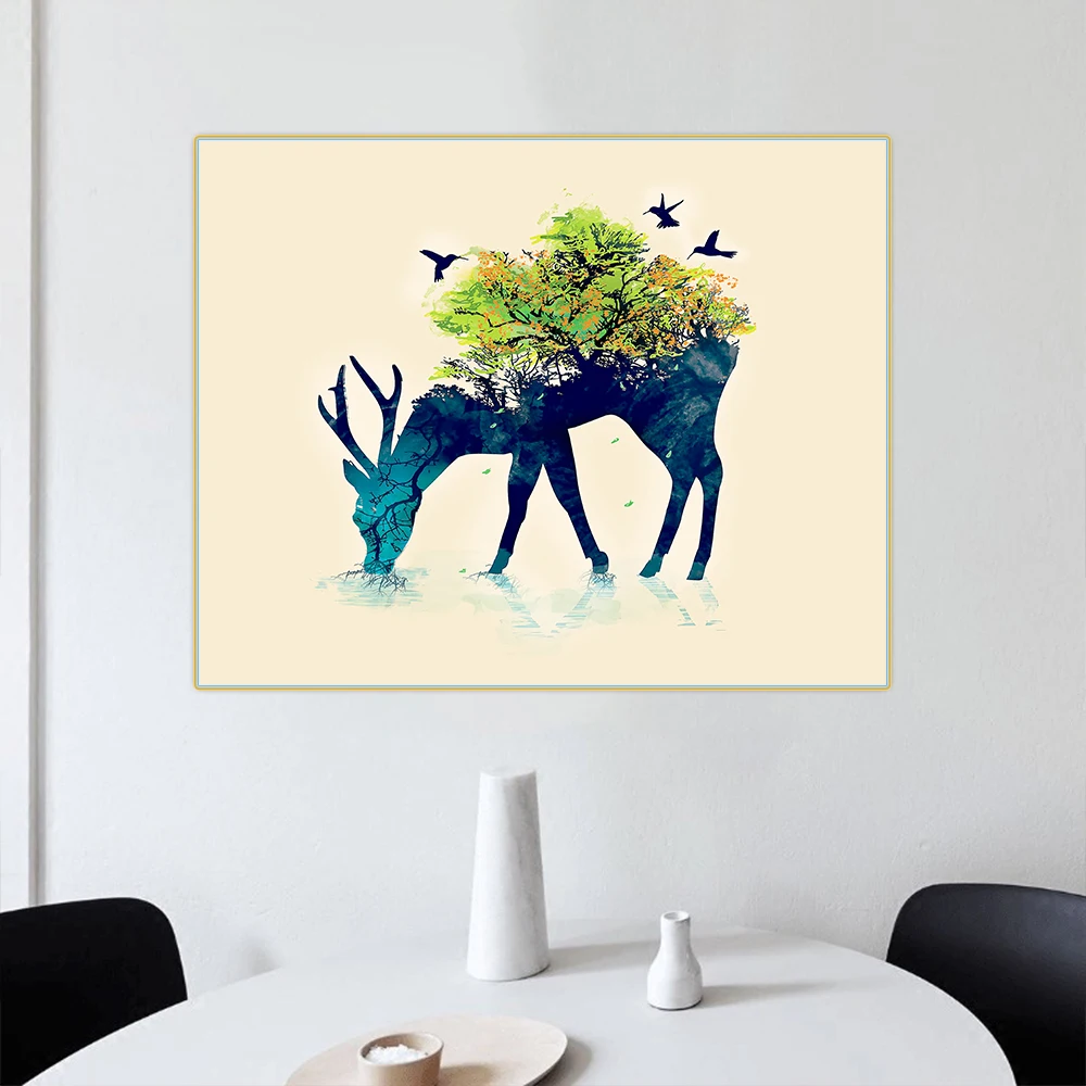 Художественная картина Citon на холсте лес и птицы задней стороне лося