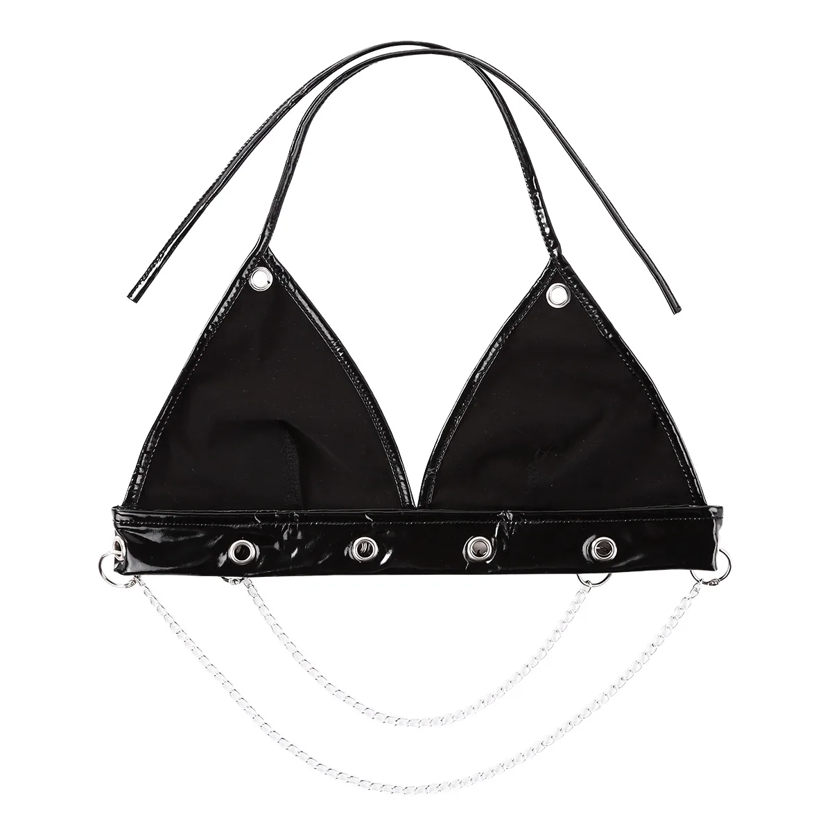 

Women Wet Look Black Patent Leather Halter Deep V-front Backless Metal Chain Hot Sexy Bra Tops Nightclub Rave Pole Dance Costume