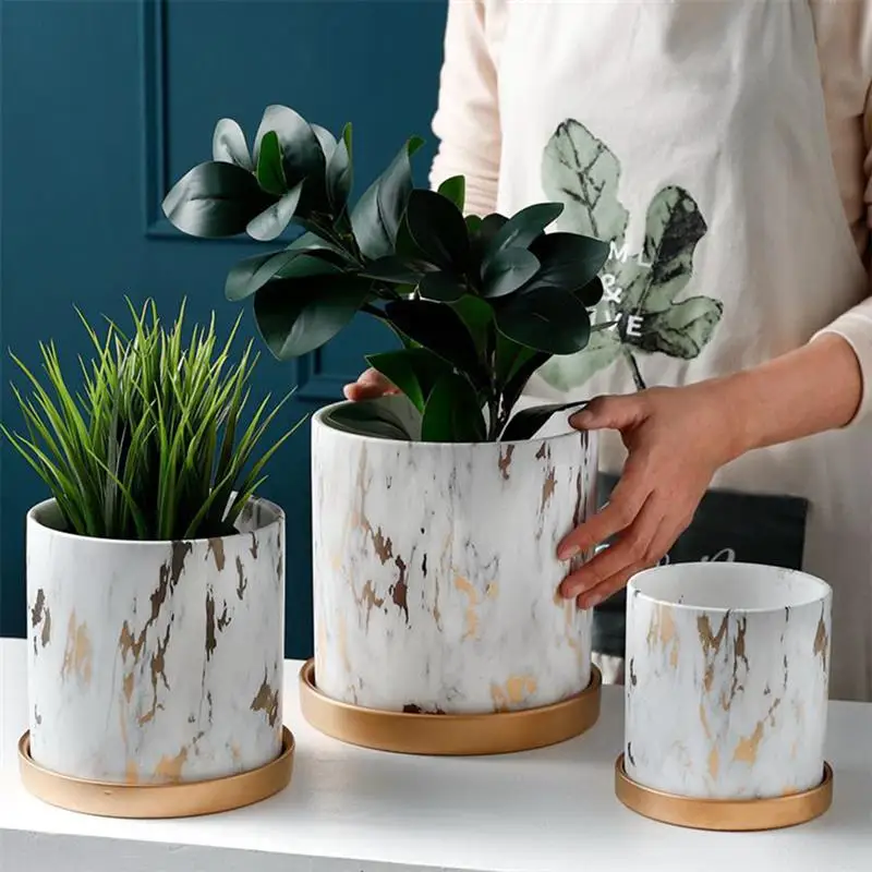

Marbling Appearance Ceramic Flower Pot Succulent Planter Green Plants Pot Cylindrical Shape FlowerPot With Hole Golden Tray