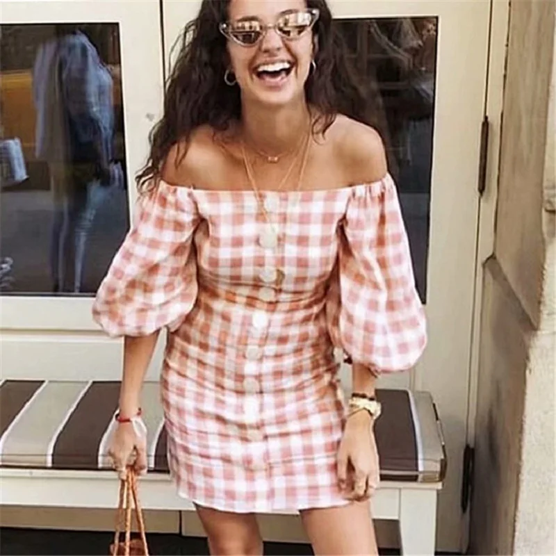 Летние Повседневные платья 2020 клетчатое однобортное платье с открытыми плечами