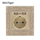 Minitiger Высококачественная ретро-панель из цинкового сплава 16А золотой стандарт ЕС настенная розетка с двойным USB 2.1A зарядным портом рельефная панель