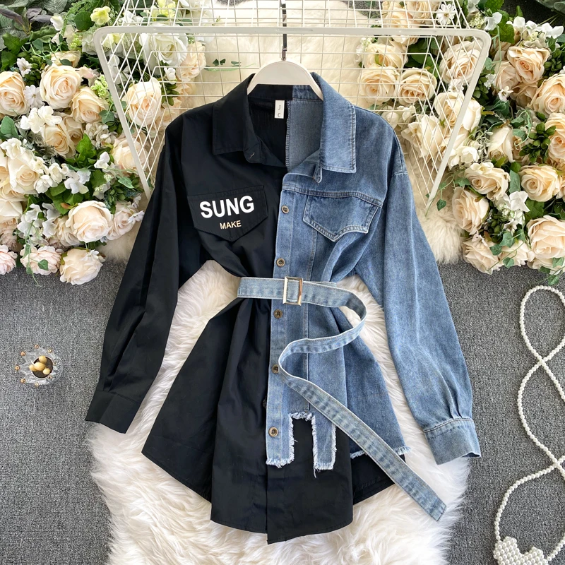 

Women Denim Patchwork Blusas Casual Autumn Female Y2K Irregularity OL Blouses Sexy Tees Tops Workwear Office Lady Shirts S226