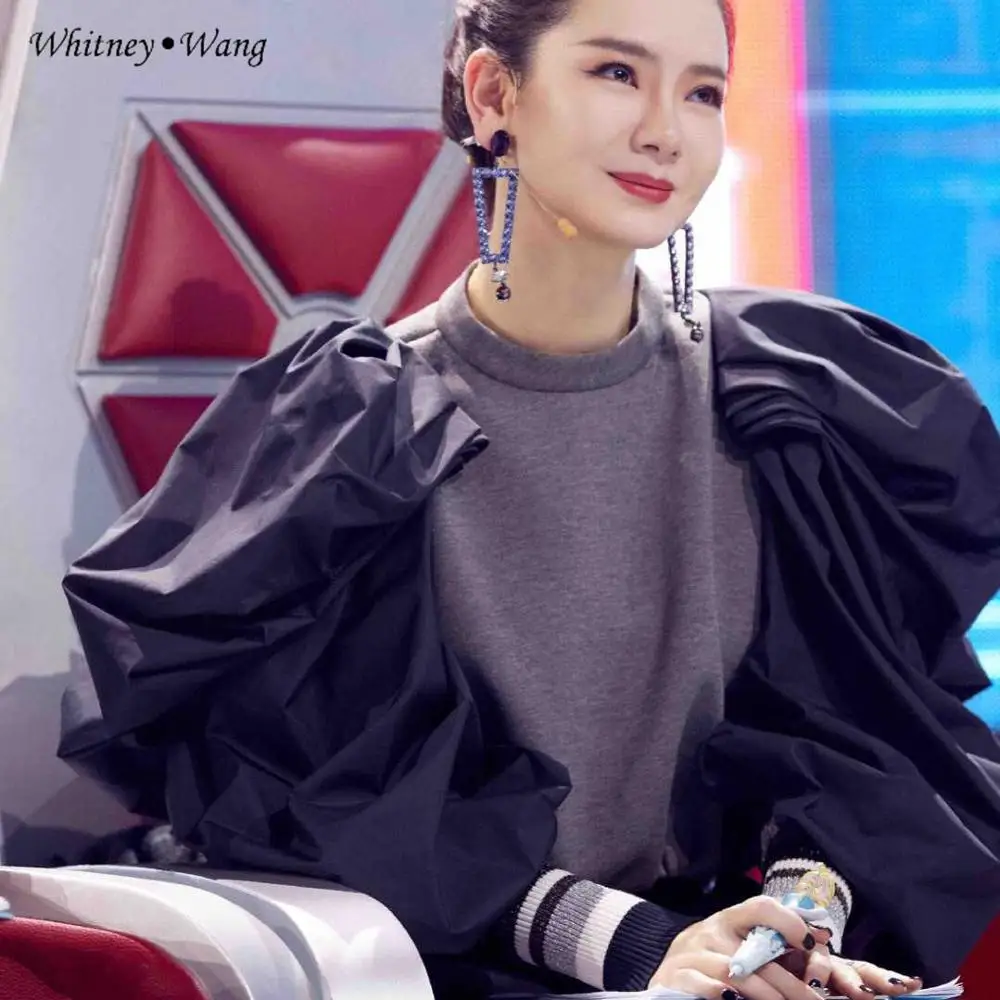 WHITNEY WANG 2019 осень зима модная уличная Лоскутная Толстовка с пышными рукавами