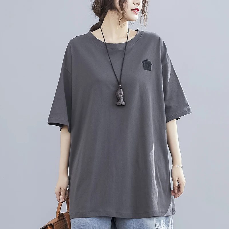 

Женская свободная футболка с вышивкой, Повседневная блузка из хлопка и льна с круглым вырезом, модель J029 в Корейском стиле на лето, 2021