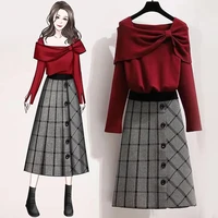 plaid skirt suit womens plus size autumn and winter new bow knot one line neck sweater high waist a line skirt two piece suit