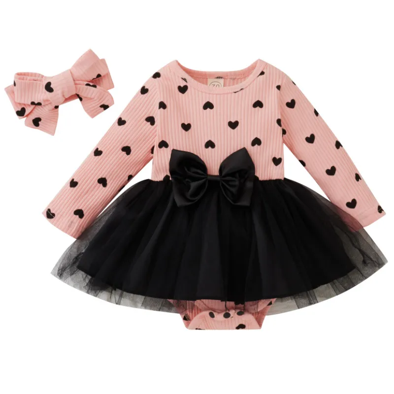 

Sweet Style Baby Girls Outfit, Infant Heart Printing Bow Mesh Splicing Long Sleeve Round Collar Romper + Headwear Set