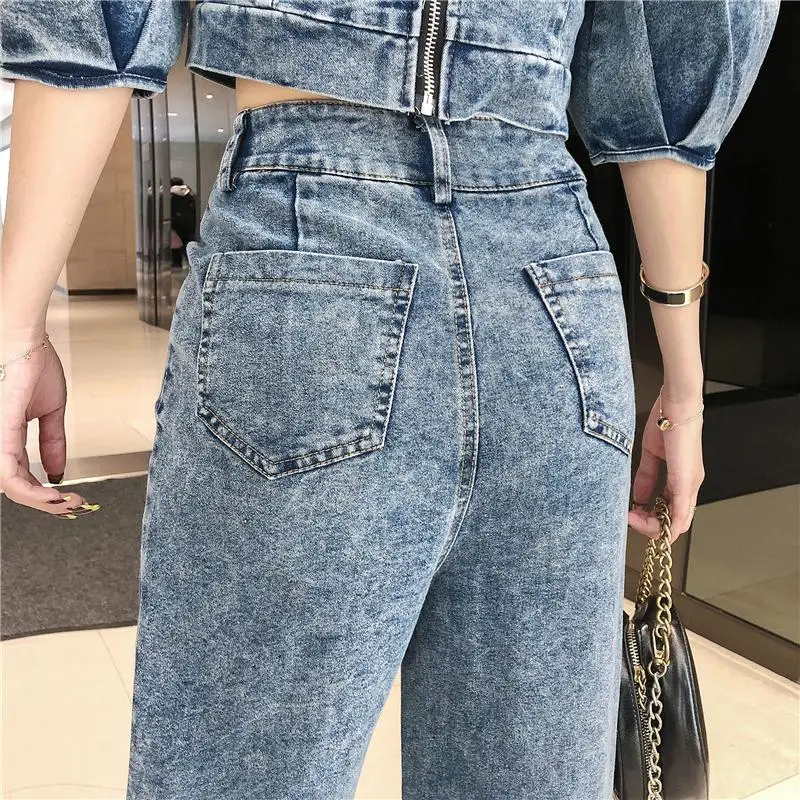 

Fashionable summer new temperament lantern sleeve short denim jacket + high waist wide leg pants denim suit