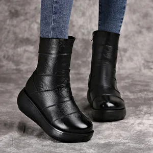 Женские ботинки до середины икры OUKAHUI, зимние ботинки из натуральной кожи на плоской платформе, с круглым носком, на молнии, винтажные, 2019