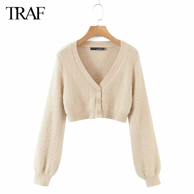 

TRAF ZA Cardigan For Women Long Sleeve Slim Fit Cardigan Single-Breasted Tank Top Mini Shorts Knitted Sweater Three Piece Suits