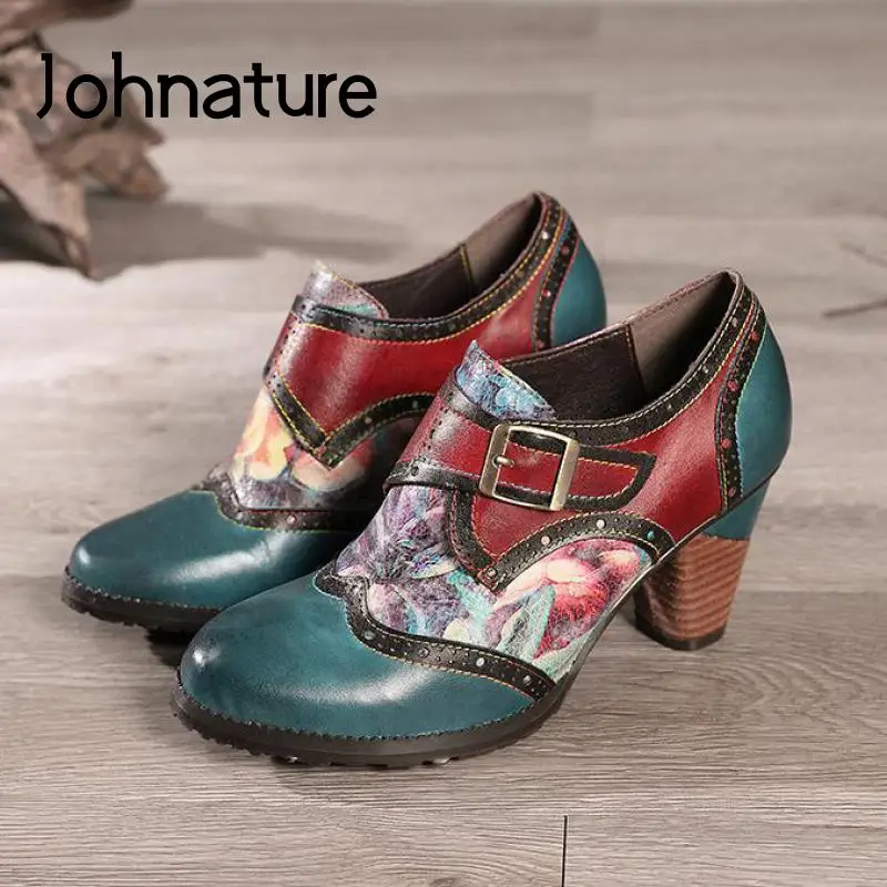 

Johnature Retro Pumps Women Shoes Mixed Colors Genuine Leather 2022 New Autumn Round Toe Buckle Strap Handmade Ladies Shoes