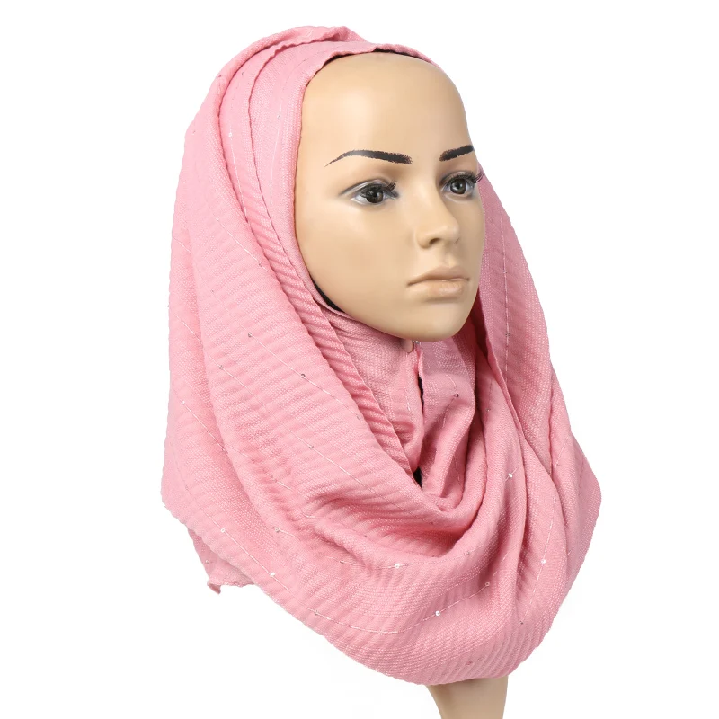 Хлопковый хиджаб с пайетками и складками шарф шали мусульманские гофрированные