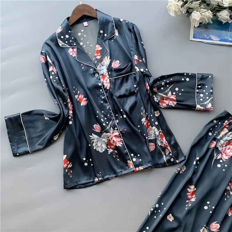 Женские атласные пижамы с цветочным принтом пижамные комплекты длинным рукавом