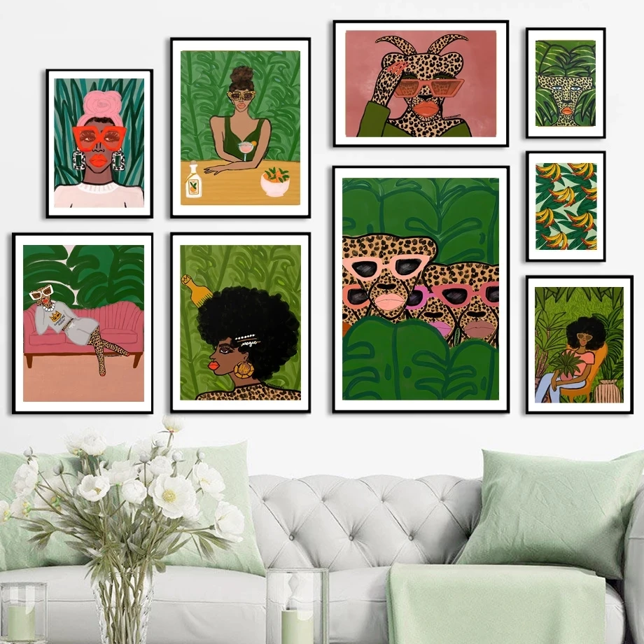 

Abstract Leopard Woman Sunglasses Drink Leaf Plant Wall Art Prints Canvas Painting Nordic Poster Decor Pictures for Living Room