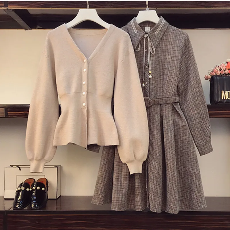 Винтажный клетчатый вязаный кардиган комплект из двух предметов женский