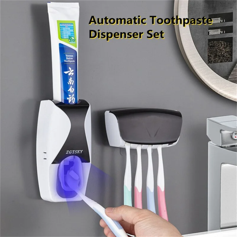

Automatic Toothpaste Dispenser Set Toothbrush Holder Squeezer Dustproof Sticky Suction Wall Mounted Bathroom Accessories Set