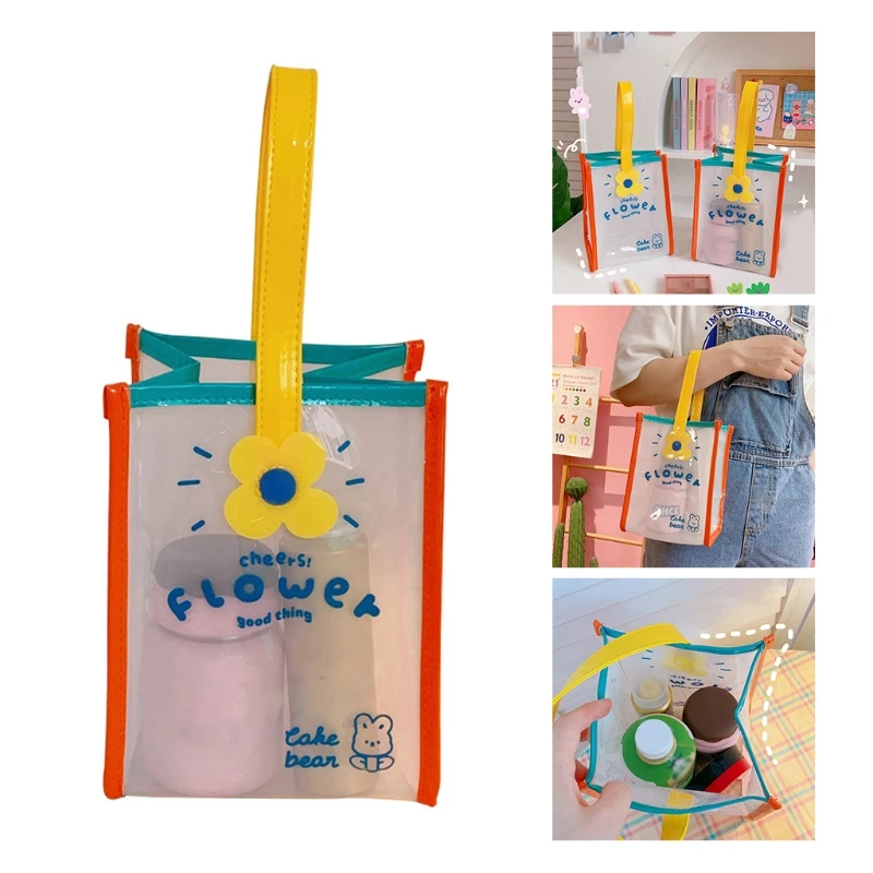 

Прозрачная Желейная водонепроницаемая сумка для ланча, мультяшная яркая прозрачная сумка с цветочным принтом и ручкой, хозяйственная сумк...