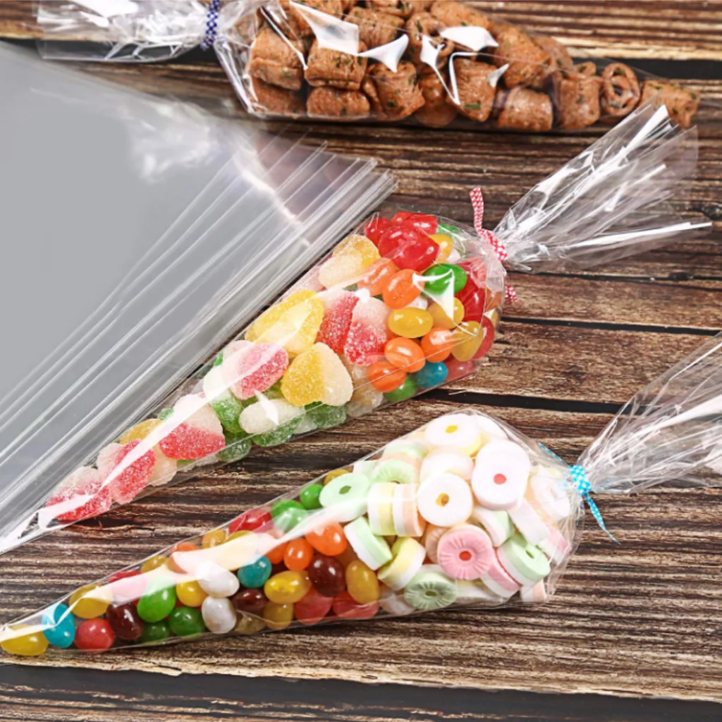 

50/100/200 PCS Transparent Package Cello Cellophane Cone Sweet Candy Party Wedding Favor Gift Bags Free Ties DIY Gifts