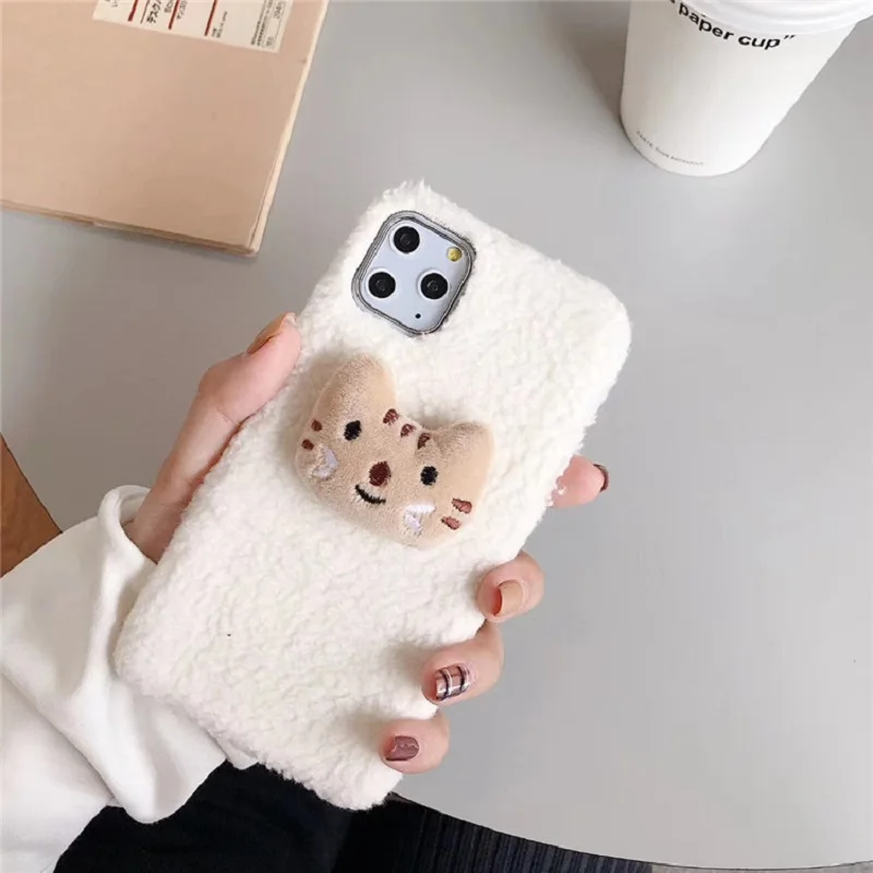 Для iphone 11 чехол XS X XR Pro Max 7 8 Plus мультяшный мех теплый милый котенок рыбка мягкий