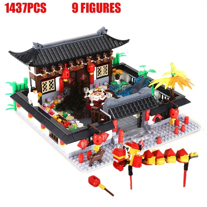 

Chinese City Street Spring Festival New Year's Eve Family Dinner Dragon Dance Building Blocks Gift Toys For Children