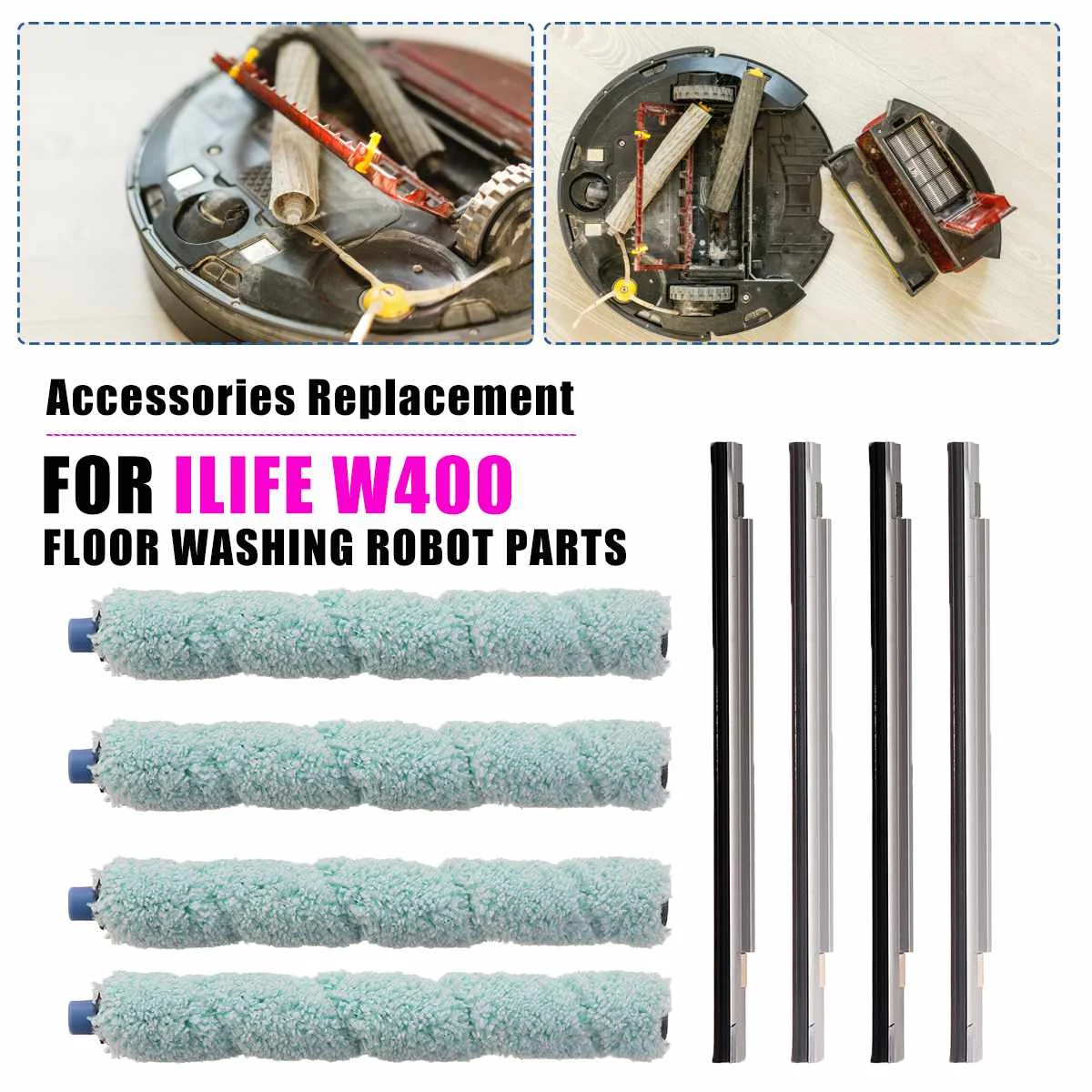 8PCS Floor Washing Robotic Cleaner Main Brush & Scraper Replacement for ilife W400 Floor Washing Robot Parts Accessories