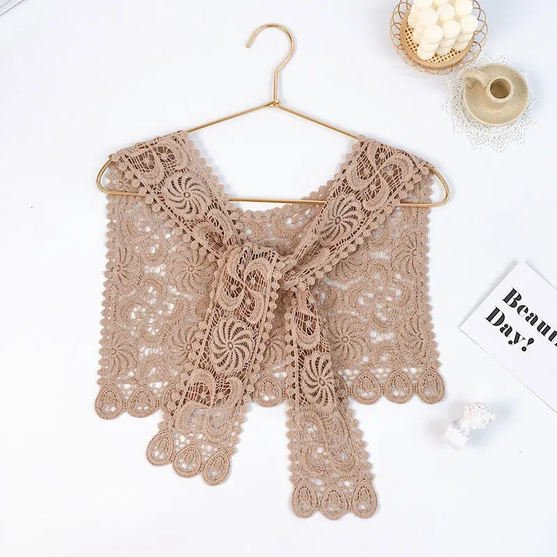 

Khaki Girl Lace Hollowed Shawl Women Shoulders Cape Vest Fake Collar Capes Knotted Scarf Girl Neck Guard Girl Poncho Wraps Cloak