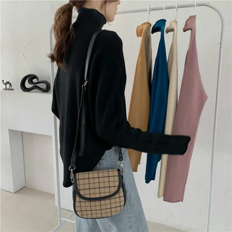 

2020 Women Autumn Basic Turtleneck Sweater Long Sleeve Curl-edge Oversized Knitted Tops Pullover Jumpers