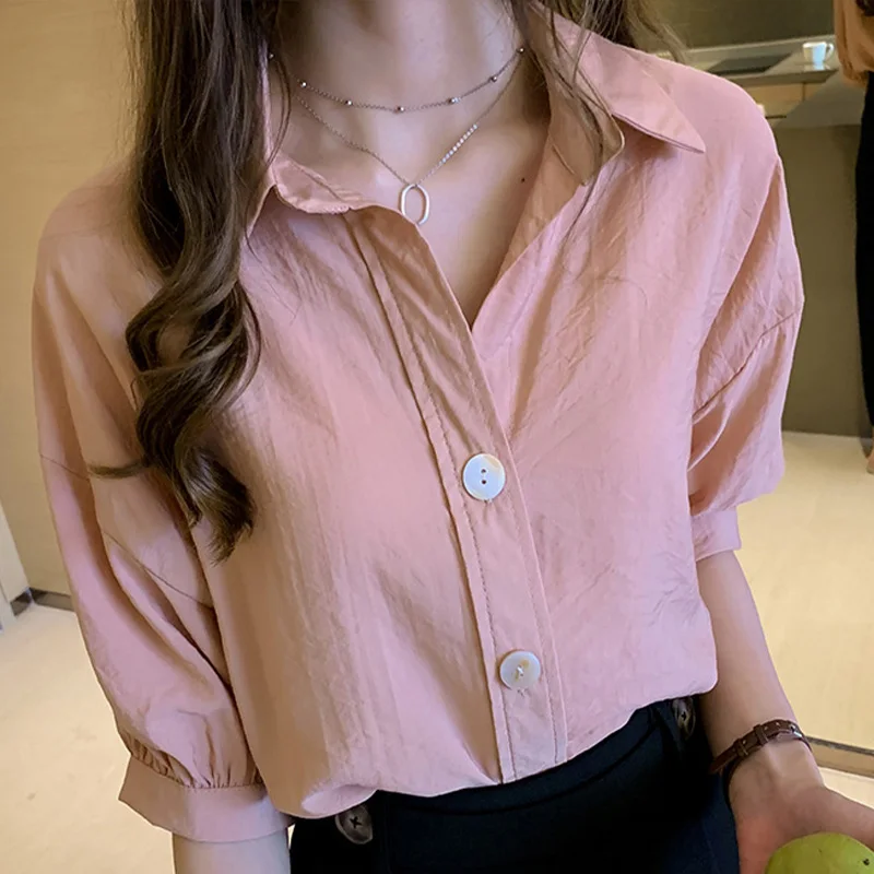 

Women's Shirts Drop-shoulder Loose Simple Basic All-match Casual Shirts For Girls 2021 Summer Solid Lantern Half Sleeve Sweet