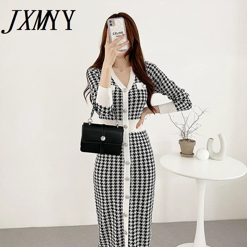 Женское трикотажное платье в клетку облегающее платье-свитер стиле ретро с