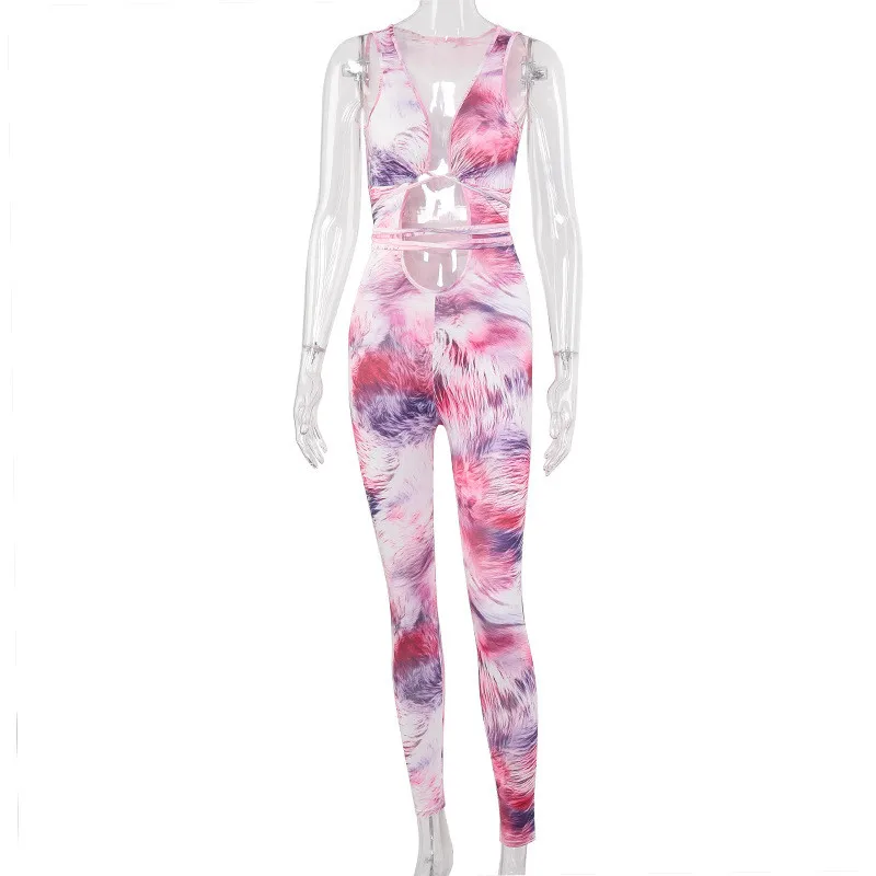 

Tie Dyeing Print Jumpsuit Rompers 2020 Sexy Women Deep V-neck Hollow Long Pants Trousers Summer Sports