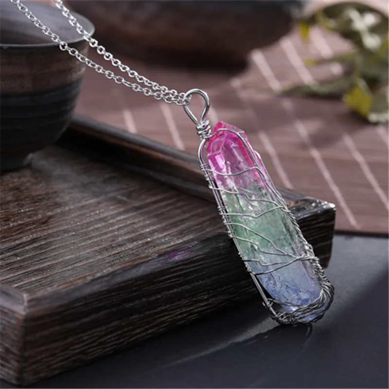 Reiki Chakra Rainbow Natural Stone Copper Wire Wrapped Pendant Necklace for Women Men Long Chain Tree of Life Statement Jewelry | Украшения