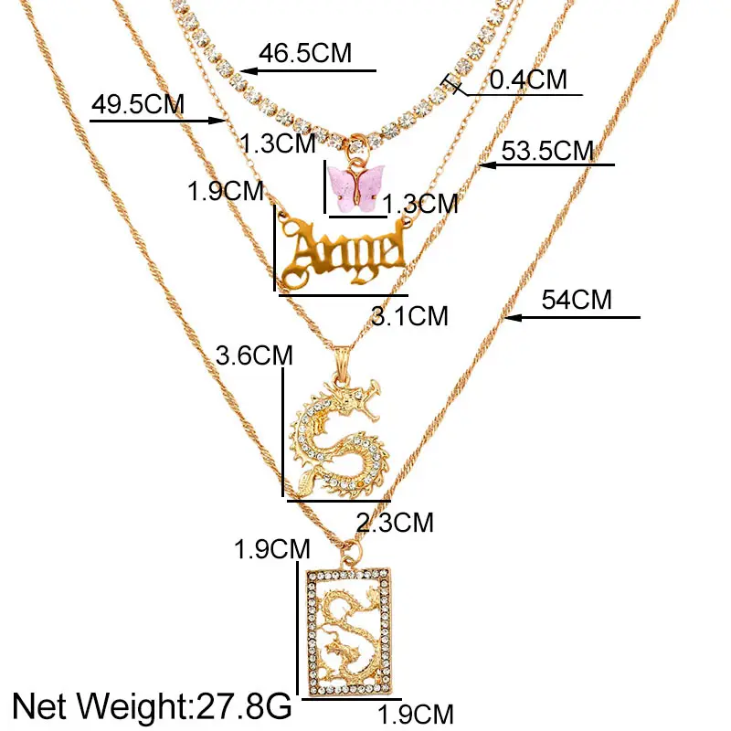 Boho Gold Color Crystal Dragon Butterfly Pendant Necklace for Women Multilayer Angel Letters Choker Necklace Fashion Jewelry images - 6