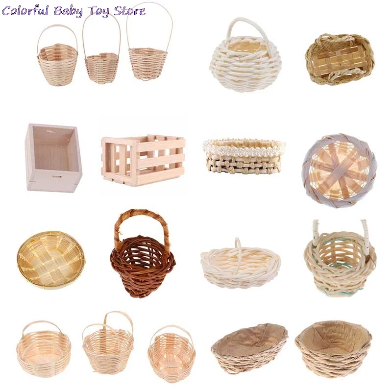 1pc MINI Bamboo Basket Simulation Food Basket Model Toys For Doll House Decoration 1/12 Dollhouse Miniature Accessories