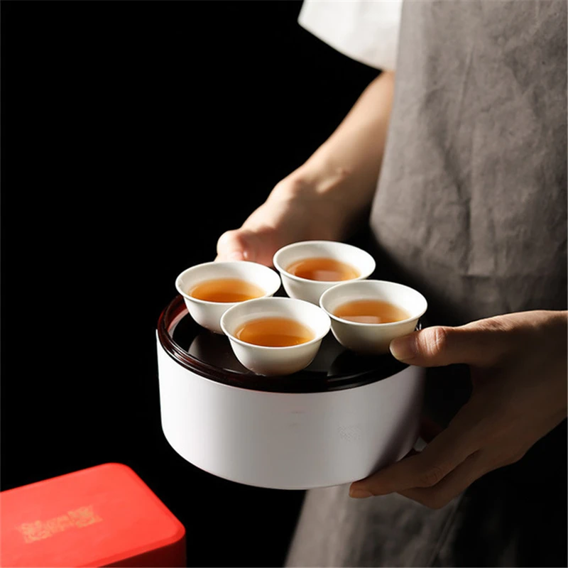 

Китайский портативный чайный сервиз, дорожный чайный сервиз, 1 чайный горшок, 4 чайных чашки, набор с подносом для чая и воды с ящиком для хран...