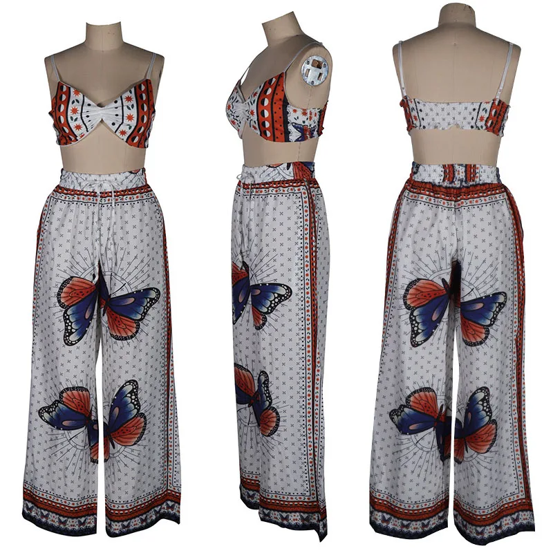 

Women Pants Two Piece Sexy Sleeveless Tube Top & Elastic Waist Wide Leg Pants Set Summer Casual Suits Fashion Print Loose 2 Pcs
