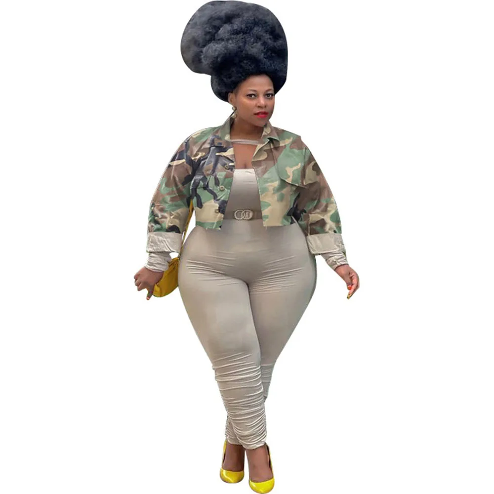 

Camouflage Printed Crop Top Plus Size Women Outwear Casual Female Coat Autumn Clothing Trendy Fall Clothes Outfit 3XL 4XL