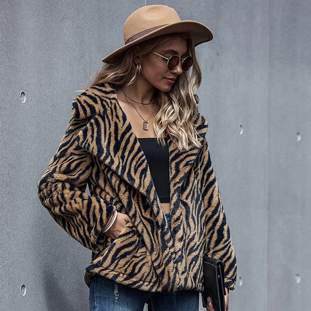SEBOWEL Fashion Design Tiger Print Faux Fur Overcoat Women Winter Long Sleeve Female Animal Pattern Warm Cardigan Coat S-XL