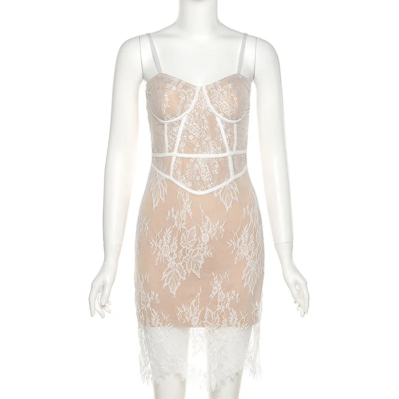 

2021 Fashion Sexy White Lace Patchwork Ladies Summer Camisole Mini Dress New Leisure Club Beach Street Style Vacation Dress