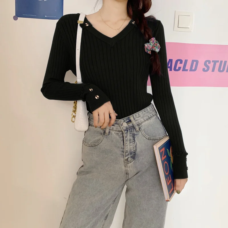 Свитер женский с V-образным вырезом однотонный в полоску 2021 | Женская одежда