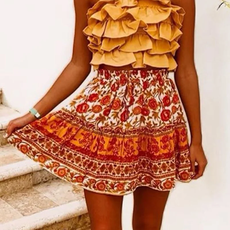 

2021 Summer Women Floral Print Skirt Beach Ruffles Boho Casual High Waist Loose Bohemian Harajuku Woman Mini Ruffles Skirts