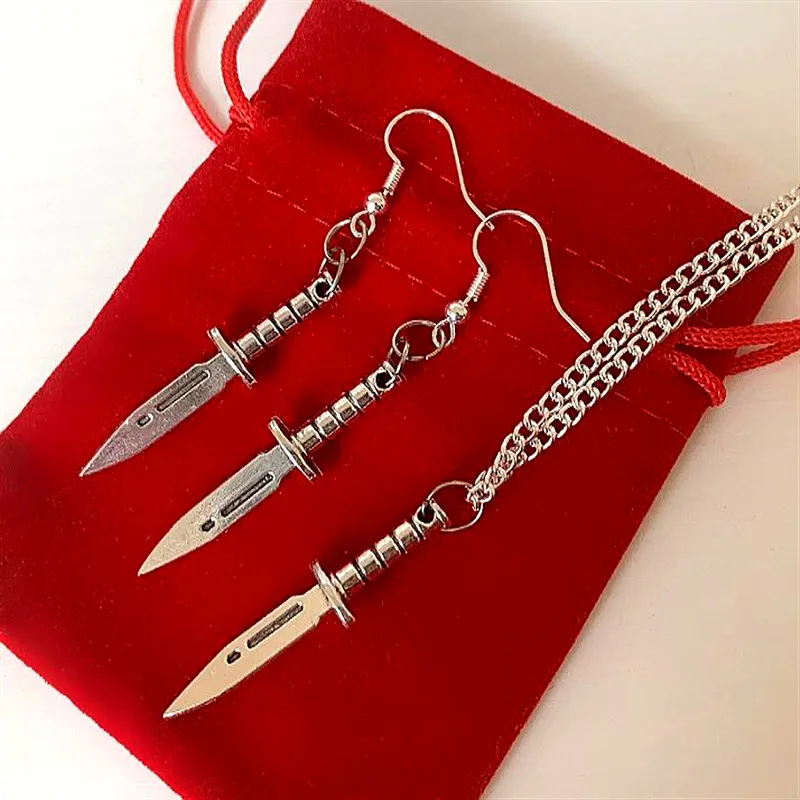 

Cool quirky dagger earrings knife weapon silver plated handmade drop necklace dangle or jewellery set Gothic fashion gift