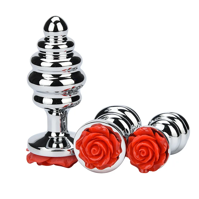 Small size rose flower thread shape Metal anal beads butt plug Silver alloy Jewelry insert unisex toy for mn female couple |