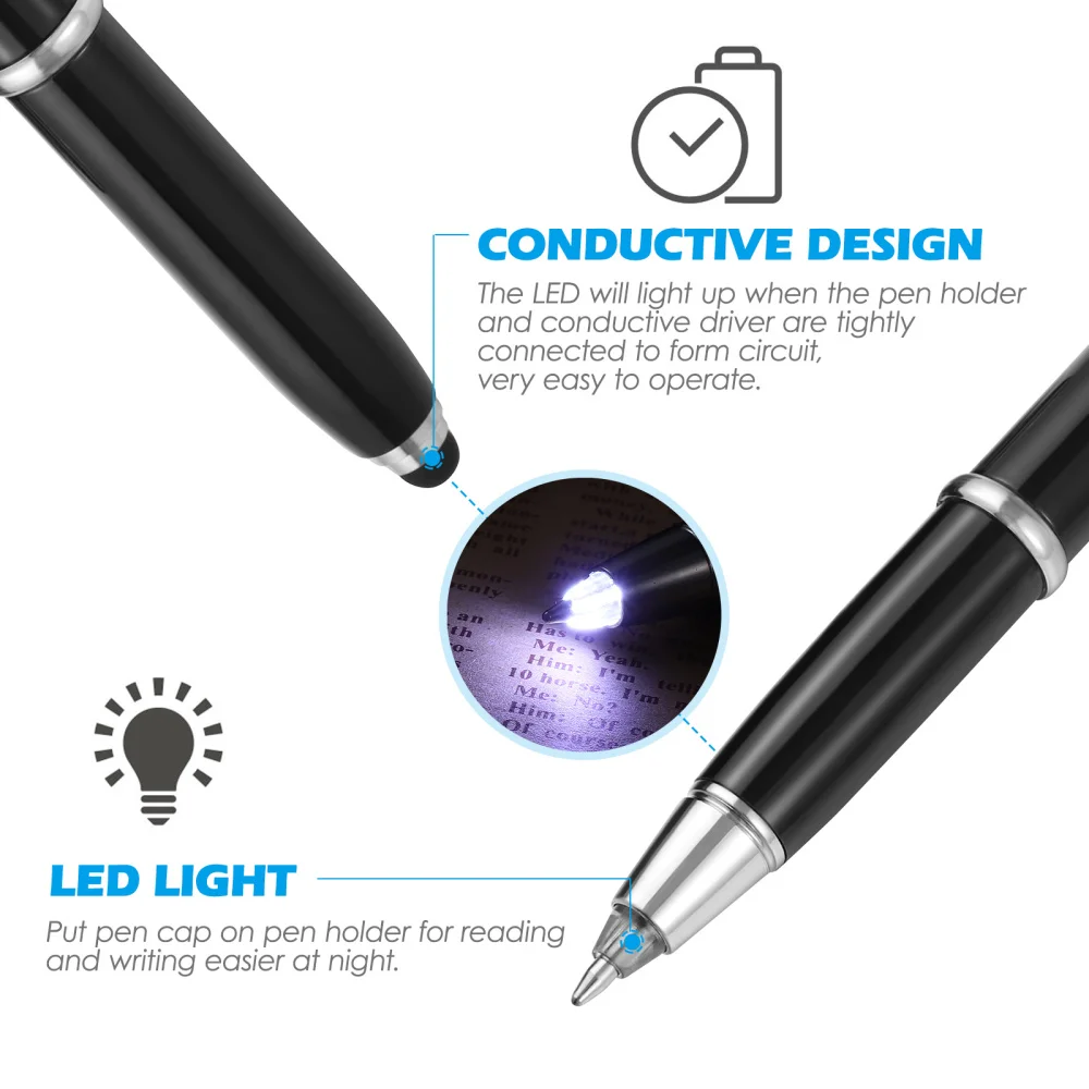 

Toyvian 2pcs Creative LED Ballpoint Pen Prcatical Metal Writing Pen Glowing Stationery Supplies for Office School (Black)