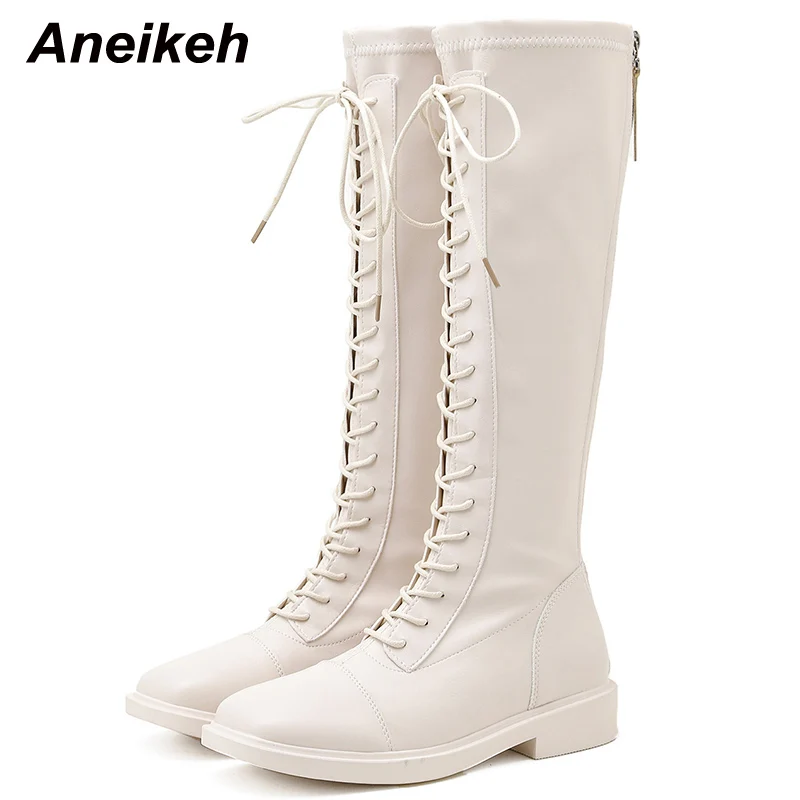 

Модные женские зимние сапоги Aneikeh с перекрестной шнуровкой, ботинки челси до колена из искусственной кожи, обувь на квадратном каблуке и пла...