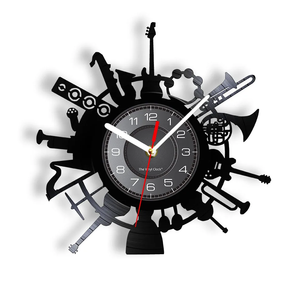 Musical Instruments Vinyl Record Wall Clock Band Guitar Musician Home Decor Laser Sound Handicraft Artwork Rock n Roll Gift