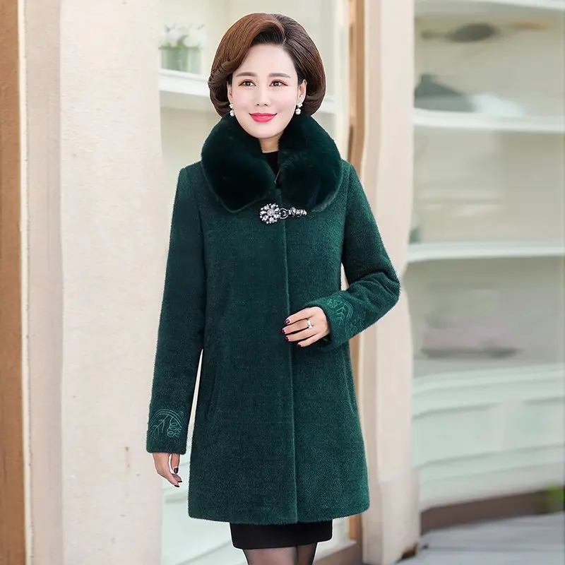 

Autumn Winter Women's Imitation Mink Cashmere Fur collar Coat Wear Thick Medium Long Knitted Sweaters middle-aged jacket Coat