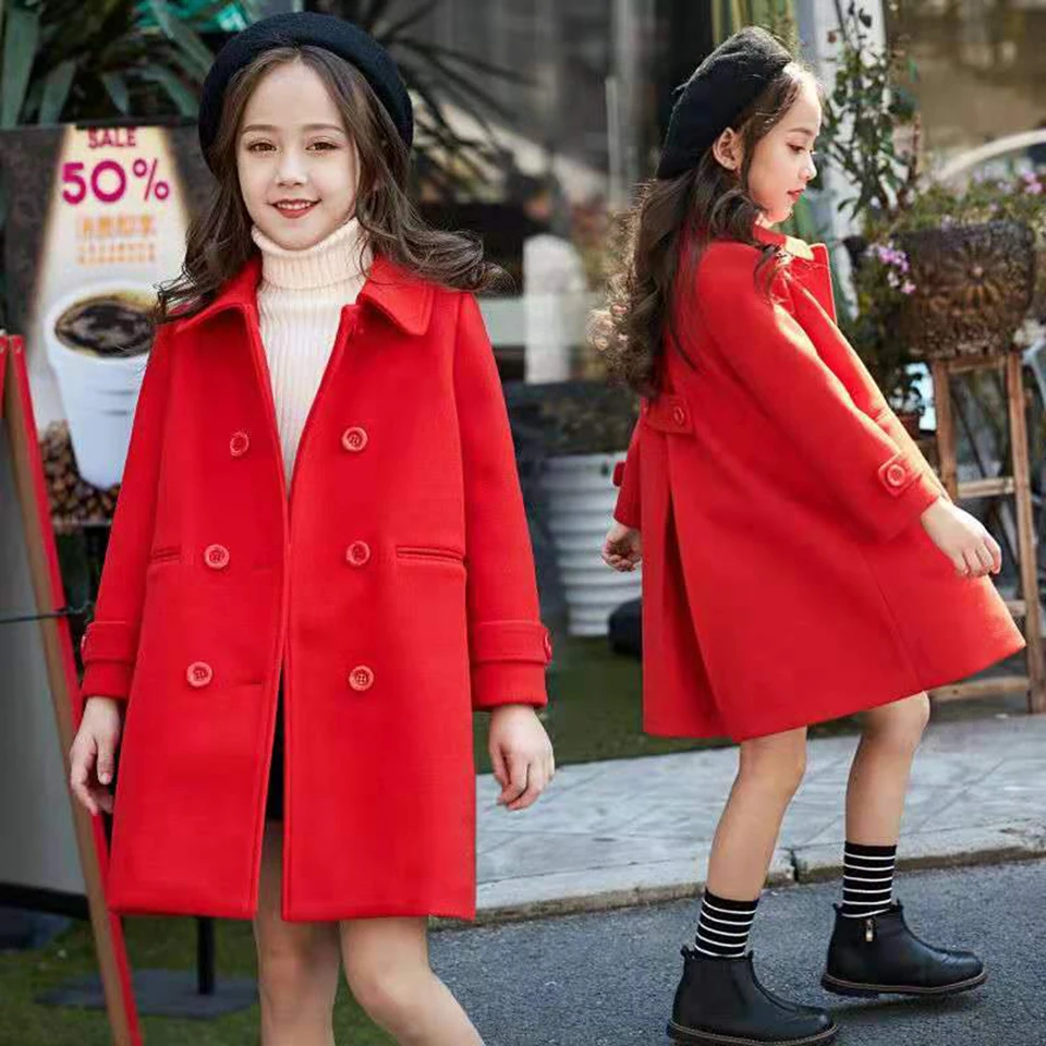 Baby Girls Red Wool Jackets Coats 2020 Autumn Winter Outwear Kids Girls Clothes Children Long Sleeve Coat Size For 120-160 Cm
