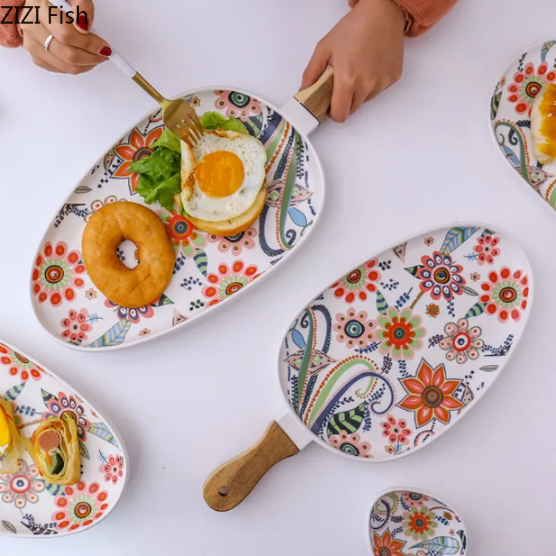 Ручная Роспись Керамическая обеденная тарелка с ручкой стейк фрукты