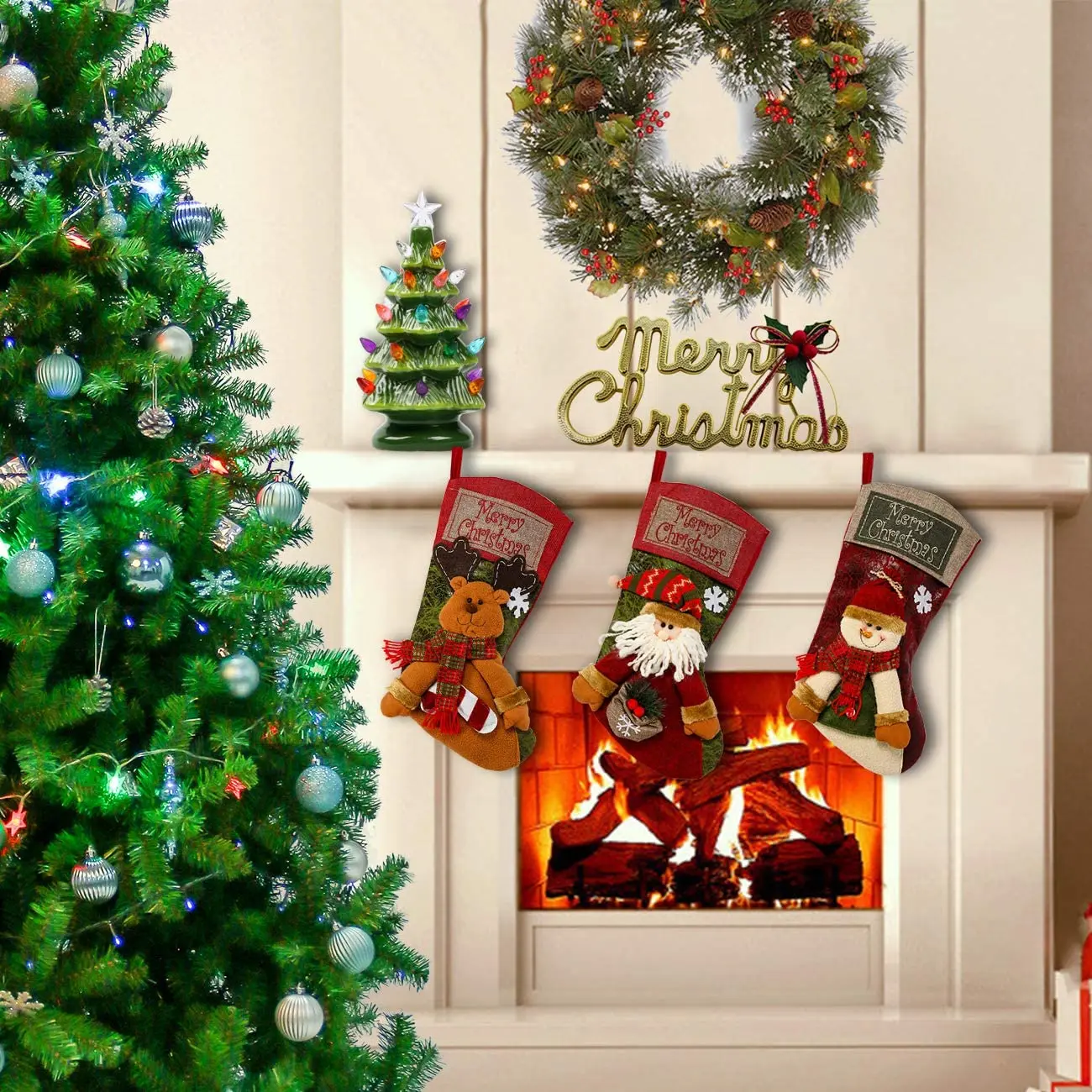 Sunnyglade-medias cl&aacute;sicas de Navidad, 3 piezas, 18 ", mu&ntilde;eco de nieve, Reno, personaje de Navidad, decoraciones para fiestas navide&ntilde;as-1