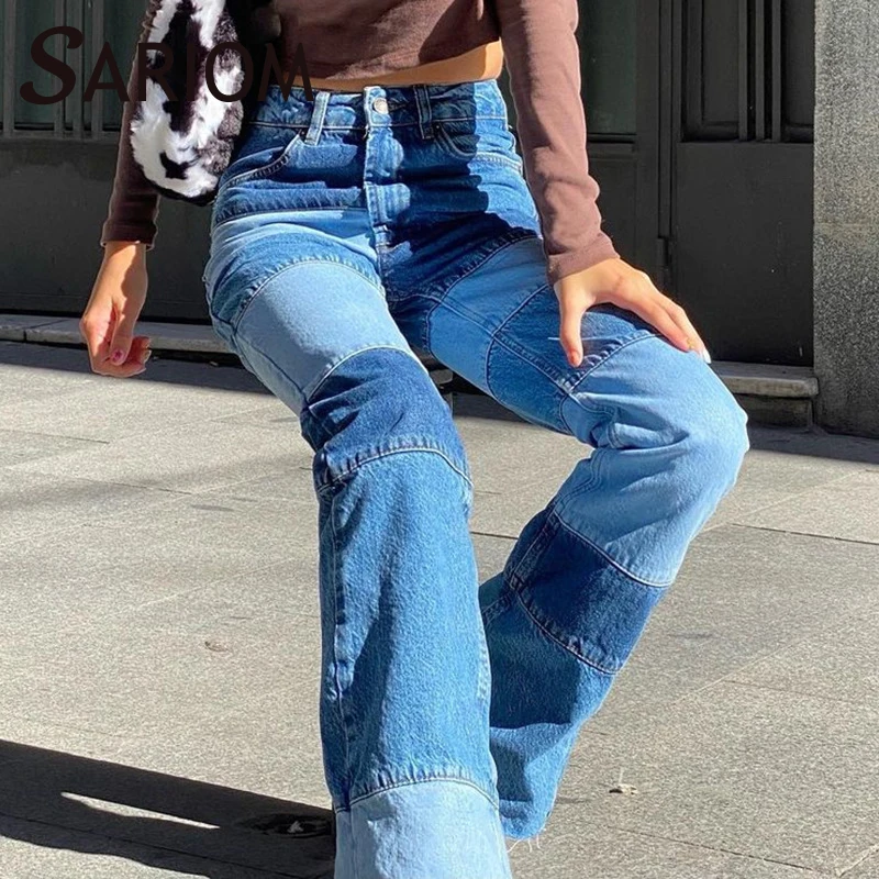 Y2K Patchwork Skinny Straight Leg Jeans Pants Autumn 2020 Harajuku Indie Aesthetic High Waisted Blue Denim Trousers Slim Femme