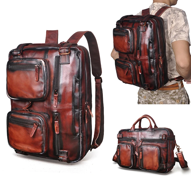 New Genuine Leather Men's designer Wine multi-Purpose Backpack Maletin business briefcase 15